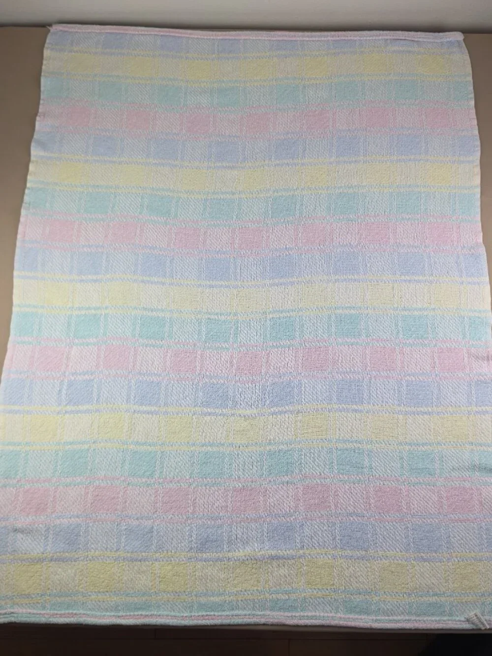 Vtg Beacon Baby Blanket Plaid Pastel Block Woven 100% Cotton Pink Blue Yellow